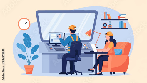 Two workers in hard hats operate control panels in a modern office setting