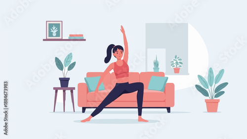 Woman in activewear practicing yoga warrior pose at home
