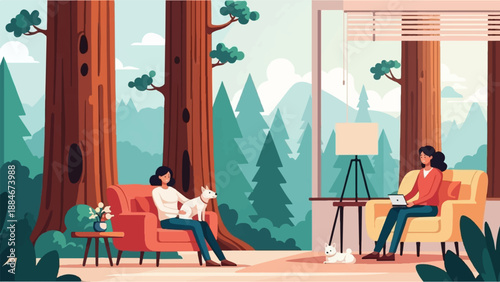 Two women relax indoors with dogs, overlooking a forest of tall trees
