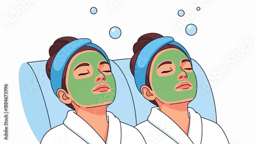 Two women relax with green face masks and blue headbands, bubbles float