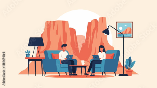 Two people work on laptops in comfortable armchairs with a desert landscape backdrop