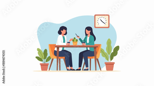 Two women converse over coffee at a table with plants and a clock