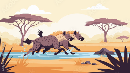 Two spotted hyenas run through a shallow stream in a savanna landscape