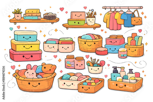 Whimsical Doodling World. Whimsical doodle order world where items, shelves and containers are smiling, flowing neat lines,