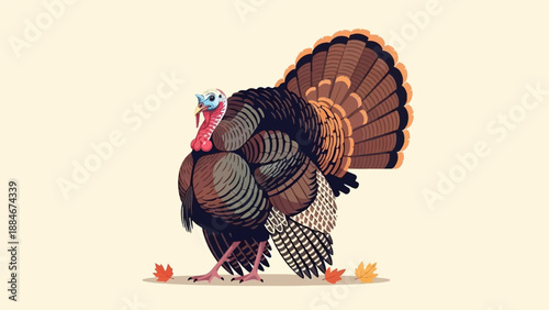 Colorful pixel art turkey with fan tail stands on plain background