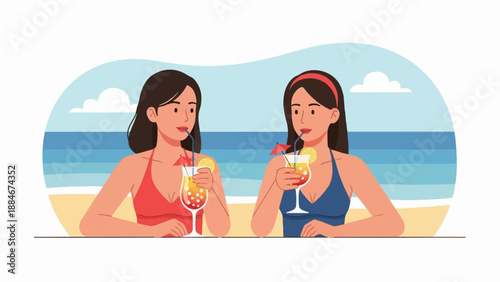 Two women in swimsuits enjoy tropical drinks on a beach under a blue sky