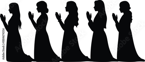 Silhouette of Muslim women praying together in a row, Islamic faith, spiritual devotion, modest fashion, religious worship concept isolated on white background