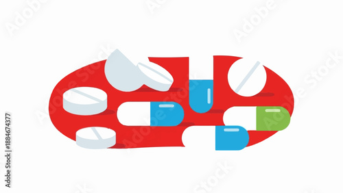 Collection of colorful pills and capsules on a red oval