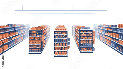 Expansive interior view of multiple long supermarket aisles, meticulously stocked with an extensive array of groceries, snacks, and beverages, creating a detailed store perspective.
