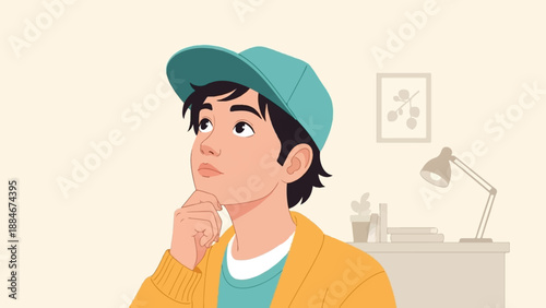 Young person wearing a cap and sweater, looking upwards thoughtfully