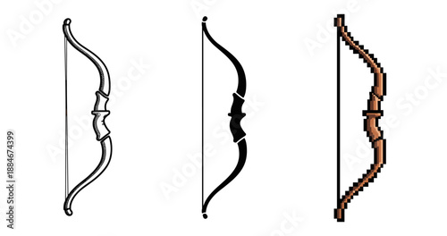 Triple bow designs: outline, silhouette, pixel art representations