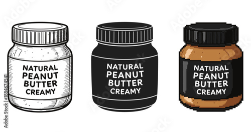 Classic and pixel art style jars of creamy peanut butter