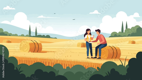 Couple in a harvested field with hay bales and distant trees under a sky