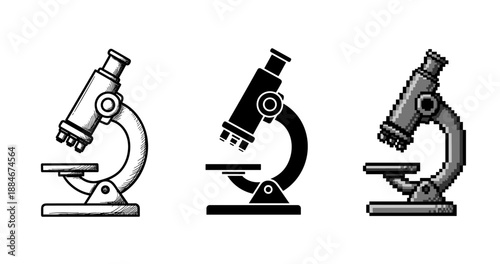 Three microscope styles: sketch, solid black, and pixel art on white background