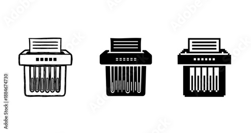 Set of three paper shredder icons in black and white design