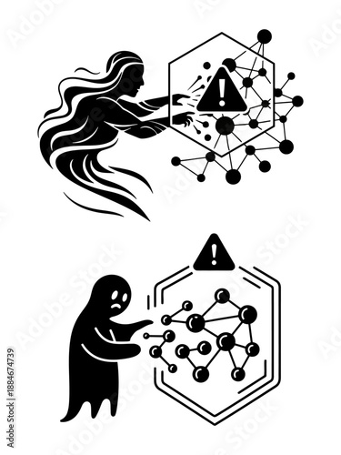 Cyber threat icons featuring a phantom attacking network nodes for shadow IT and hacking concepts