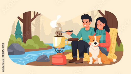 Couple camping with dog by river, cooking outdoors