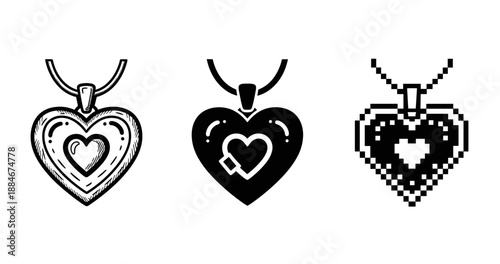 Triple heart pendants in sketch, silhouette, and pixel art styles