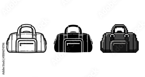 Three duffle bag designs: sketch, silhouette, pixel art