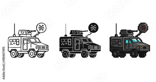 Pixel art armored military vehicles with radar antenna in three styles