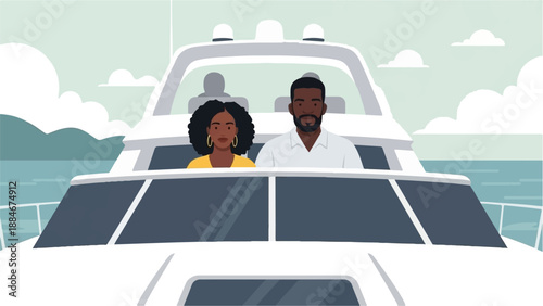 Couple cruising on a yacht with serene water and cloudy sky