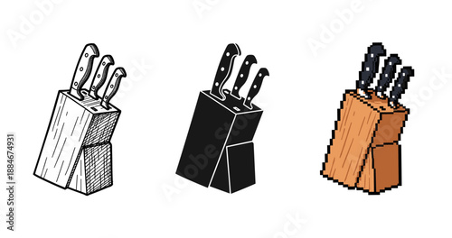 Knife block set in sketch, silhouette, and pixel art styles
