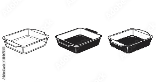 Set of three square baking dishes in different styles: line art, silhouette, pixel