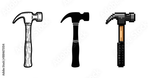 Three hammers: retro pixel, silhouette, and wood-handled designs on white background