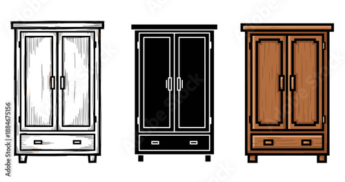 Triple wardrobe design: white, black, and brown wooden cabinets