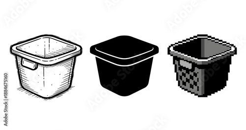 Three stylized rectangular baskets: sketch, silhouette, and pixel art variations