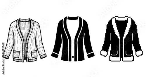 Set of three cardigan designs: sketch, solid, and pixel art styles