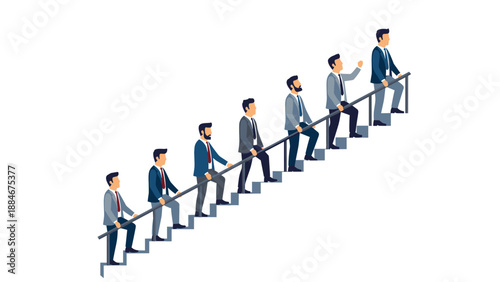 Cohesive line of business professionals in suits collaboratively ascending a staircase, each holding a shared railing, symbolizing teamwork, steady progress, and mutual support.
