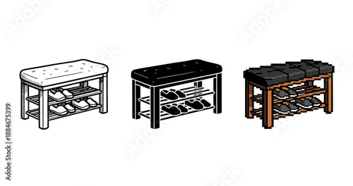 Three shoe racks in different artistic styles: sketch, black and white, pixel art