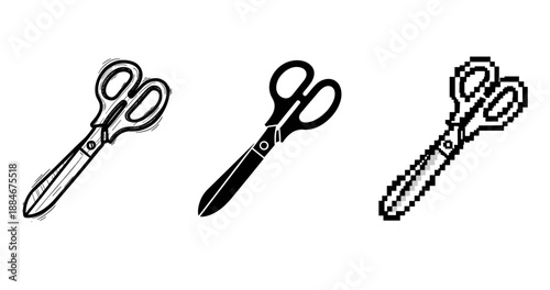 Three styles of scissors: sketch, silhouette, pixel art design