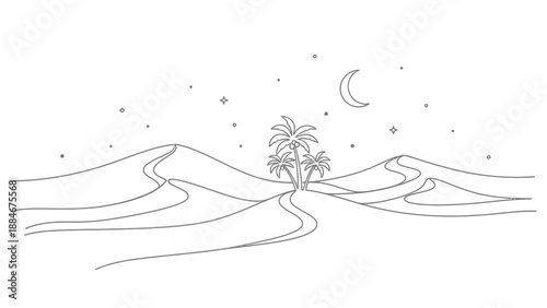 desert landscape with palm trees and crescent moon