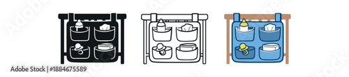 baby bedside organizer icon on light background. organizer attached near crib or bed. night care storage symbol. pockets and straps readable