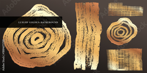 Set of luxury golden backgrounds with wood annual rings texture. Banner with tree trunk section stamp and concentric circles. Wooden pattern on black and bronze marble background.
