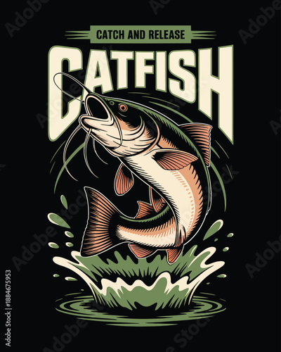 Catch and Release Catfish Fishing Badge Illustration with Detailed Fish Art