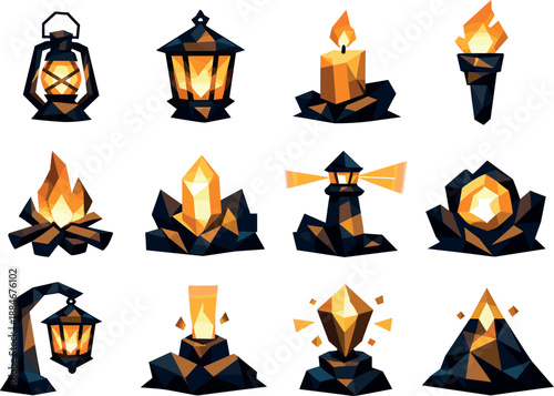 Low-Poly Lantern Icons. Nighttime lantern light and glowing beacons visualized as a cohesive low-poly vector icon set built from