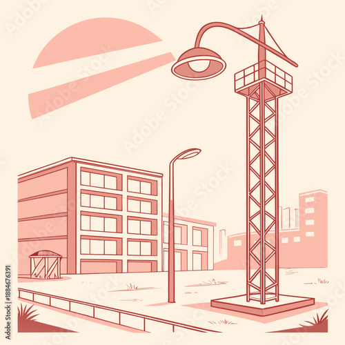 Soft Color Vector Illustration of Construction Site Lighting Tower