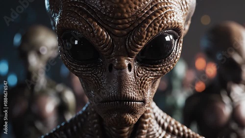 An intriguing close-up captures the textured, brown skin and large, reflective black eyes of an alien being. In the blurred background, other mysterious extraterrestrial figures are subtly visible