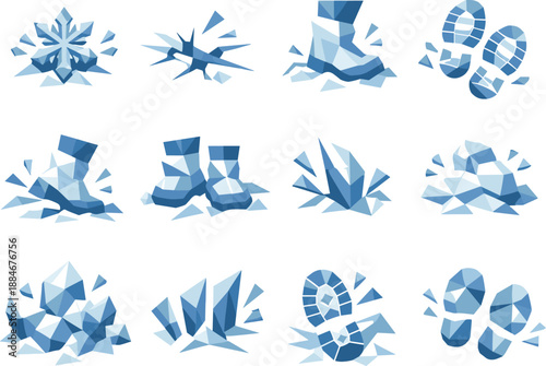 Winter Sound Icons. Low-poly vector icon set for snow crunch sound and crisp winter steps, featuring angular polygonal geometry,