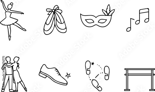Dance and theater icon set with props.
