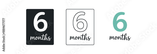 baby month 6 card icon on light background. cute rectangular card with large number 6 and handwritten word months. half year age card. clean minimal design