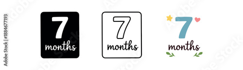baby month 7 card icon on light background. cute rectangular card with large number 7 and handwritten word months. infant month marker. soft balanced layout