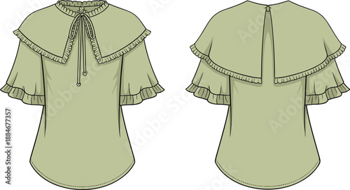 Women blouse fashion flat technical drawing with ruffle cape collar, short flutter sleeves, front and back views, apparel design illustration isolated on white background