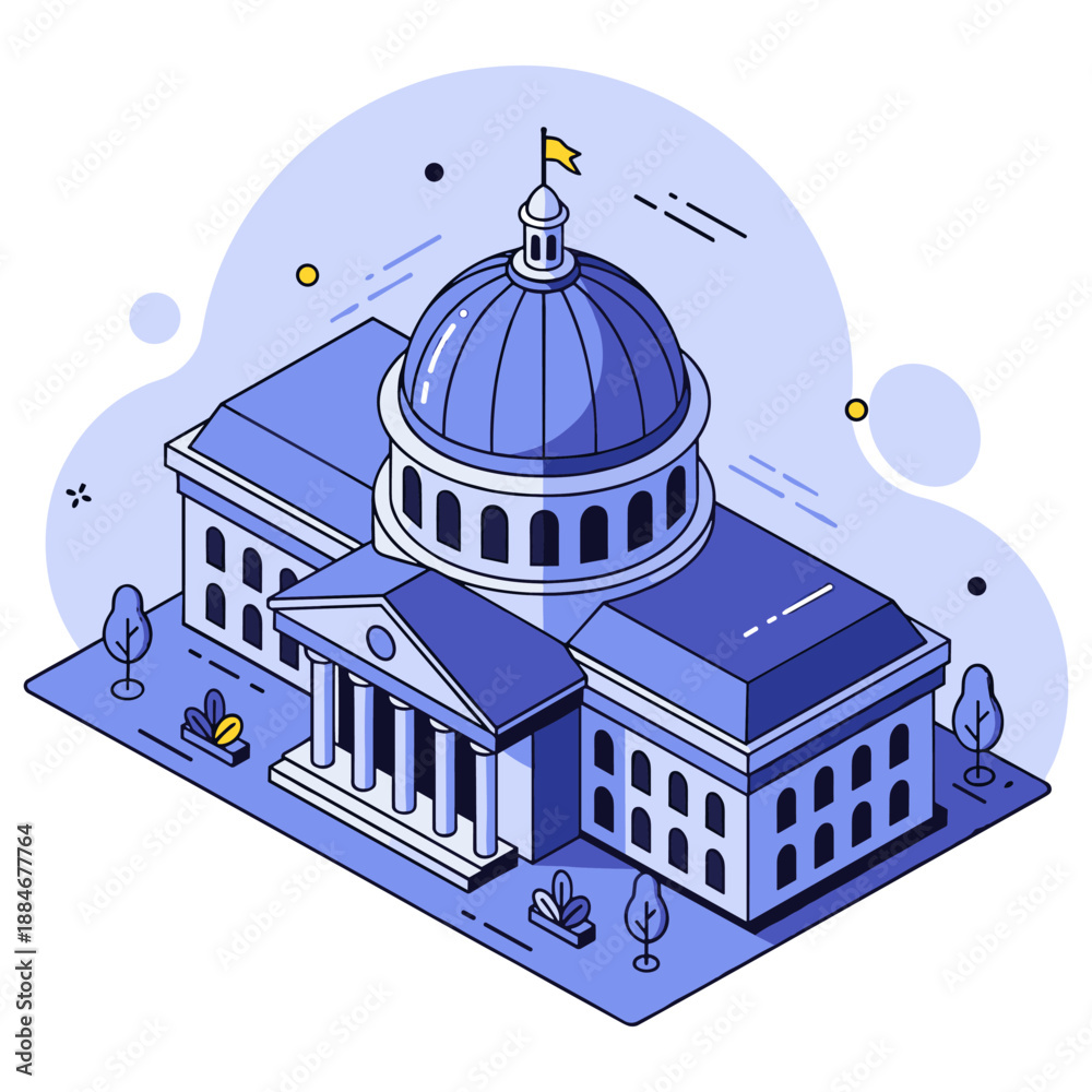 Naklejka premium Isometric illustration of a classical government building with dome and columns. No editable stroke
