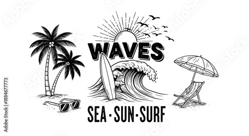 Minimalist Summer Beach Icons: Hand Drawn Surf and Sun Vector Set