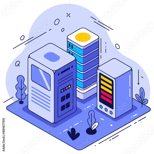 Modern isometric data server room with technology equipment and abstract design. No editable stroke