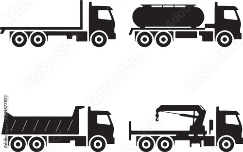 Silhouette of various industrial trucks and trailers side view
